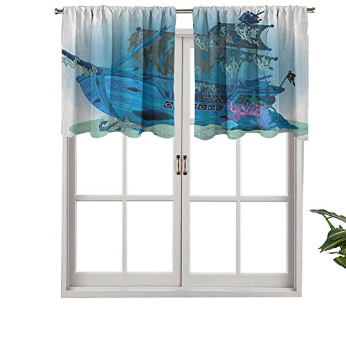 Hiiiman Cortinas pequeñas para ventana, filtrado de luz, hundido viejo naufragado, buque bucanero, vista acuática antigua, juego de 1, 132 x 45 cm para cocina, comedor, habitación de niñas