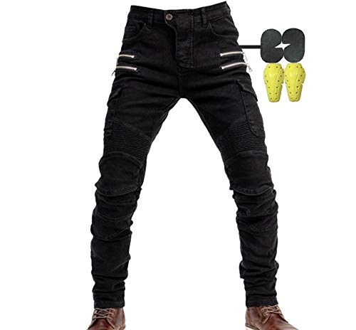 Hombres Pantalones De Motociclismo para Pantalones De Carreras De Motocross con Pantalones Anti Caída,Jeans de Moto, 4 x Equipo de protección (Negro, S / 31W)