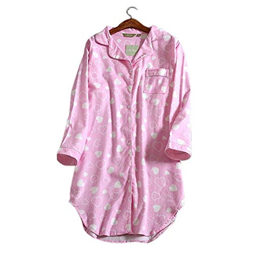 HUANSUN Camisón de Manga Larga Estilo Novio Camisones de Mujer 100% algodón Camisones Sencillos y Frescos para Mujer Ropa de Dormir Camisón, corazón Rosa, L