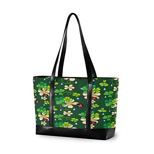 Hunihuni Bolsa de lona para portátil con diseño de mariquita de trébol para mujer, de gran capacidad, para uso diario de 15.6 pulgadas