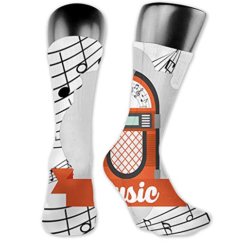 Ingpopol Medium long Crew Socks,Jukebox,Old Vintage Music Radio Box Cartoon Image with Notes Artwork Print,Unisex 15.7",Orange Pale Grey Black