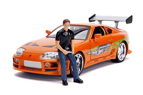 Jada Toys Fast & Furious 253206001 Toyota Supra 1995 - Coche de Juguete con Puertas abatibles y capó Desmontable, Incluye Figura Brian O'Conner a Escala 1:18, Color Naranja