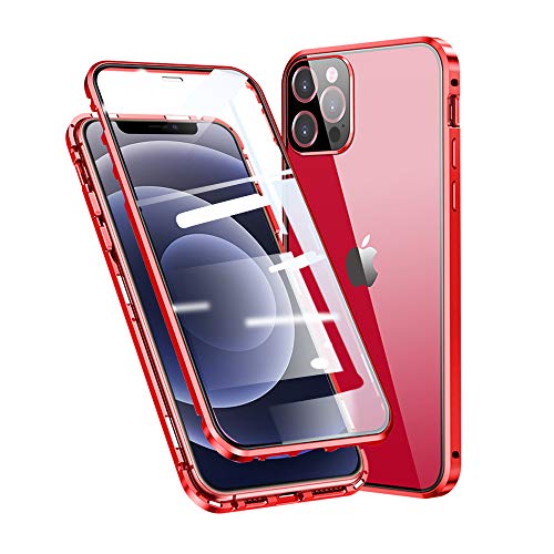 Jonwelsy Funda para iPhone 12 Pro MAX, Adsorción Magnética Parachoques Metal con 360 Grados Protección Case Cover Transparente Ambos Lados Vidrio Templado Cubierta para iPhone 12 Pro MAX (Rojo)