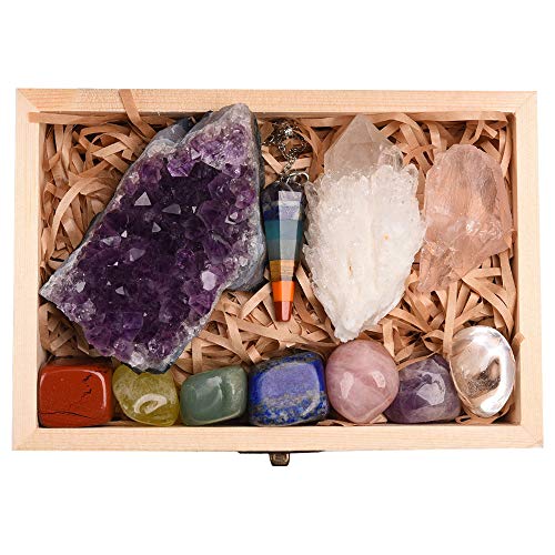 Juego de 11 cristales curativos, kit de piedras de chakras en caja de regalo, amatista natural, racimo de piedras curativas de cristal, mineral en bruto, siete chakras, péndulos, piedra terapéutica