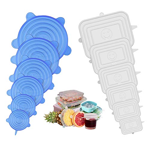 JUMKEET Tapas de Silicona Elásticas, 12pcs Tapas Silicona Ajustables de Forma Redonda y Cuadrada, Fundas Reutilizables para Alimentos Cocina Tazas, Boles, Tarros, Lavavajillas y Refrigerador