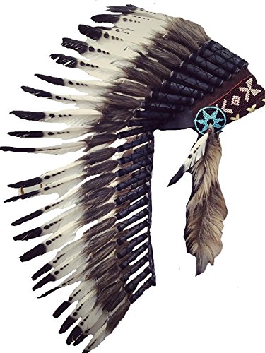 KARMABCN Native American Inspired Medium Feather Headdress (36 Inch Long)/War Bonnet