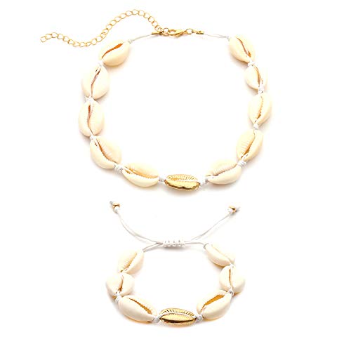 Kentop Juego de joyas de conchas para mujer, pulsera de conchas naturales, pulseras bohemias y colgantes hechos a mano, cadena choker cuerda collar tamaño oro (cuerda blanca)