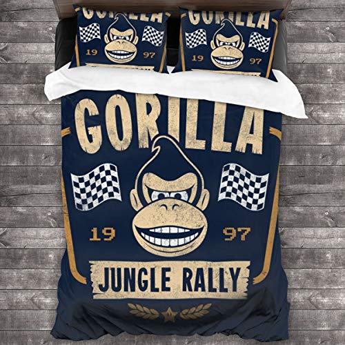 KUKHKU Gorilla Jungle Rally Donkey Kong Racing Juego de ropa de cama de 3 piezas con funda de edredón de 86 x 70 pulgadas, tamaño Queen decorativo de 3 piezas con 2 fundas de almohada