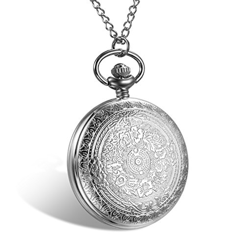 Lancardo Reloj de Bolsillo de Cuarzo Formato de 24H Cubierta Tallada Dial de Números Árabes Collar de Suéter con Cadena Joyería de Cuerpo de Moda para Hombre/Mujer/Pareja (Plata)