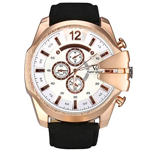 Lancardo Reloj Grande de Cuarzo Comercial para Hombre Reloj de Correa Pulsera de Cuero PU Escala de Tira Esfera Redonda con Tres Diales Movimiento Importado 3 ATM Impermeable Reloj Blanco