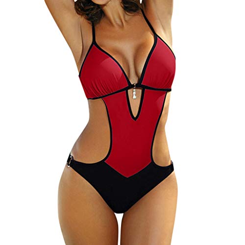 LHWY Bikinis Mujer Push Up, Tankini Trikini sólido Vendaje Acolchado Push up Halter Traje de baño una Piezas Conjunto Playa Vacaciones Monokinis Bañador para Mujer (Rojo, XL)