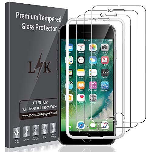 LK Compatible con iPhone 7 / iPhone 8 Protector de Pantalla,3 Pack,9H Dureza Cristal Templado, Equipado con Marco de Posicionamiento,Vidrio Templado Screen Protector,LK-X-52