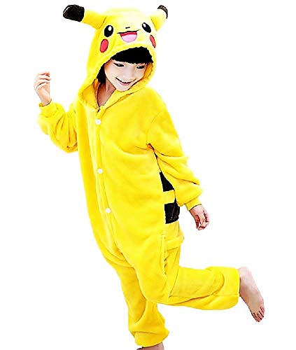 Lovelegis Disfraz de Pikachu para niños - Pijama de una Pieza - Pikachu - Pokemon - niños - Disfraz - Carnaval - Halloween - Color Amarillo - Cosplay - Unisex - Talla 140 - 8/9 años - Idea de Regalo