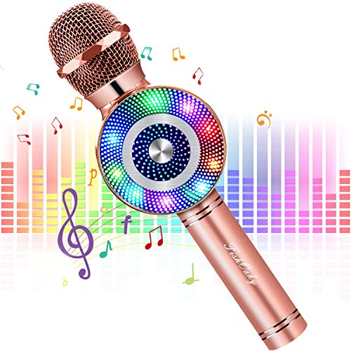 Micrófono Karaoke Bluetooth, FISHOAKY 4 en1 Microfono Inalámbrico Altavoces con Luces LED, Portátil Karaoke para Niños Cantar, Función de Eco, Compatible con Android/iOS Teléfono