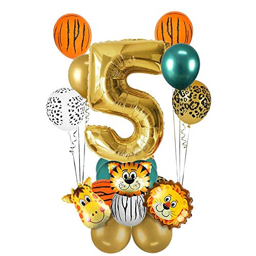 MMTX 5 año Decoración de cumpleaños de la Jungla, decoración de Primer cumpleaños de Safari, Globo Dorado número 5, Globos de Papel de Aluminio de Animales del Bosque sa