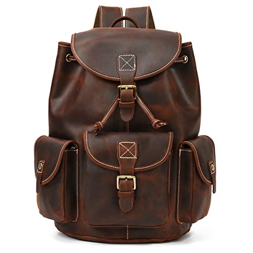 Mochila de Cuero Genuino de la Vendimia de los Hombres Mochila de Cuero de Vaca de Grano Superior Mochila de Cuero de la Bolsa de Viaje de Cuero Loco de Crazy Horse (Brown 5)