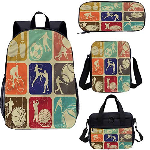 Mochila deportiva de 15 pulgadas con bolsa de almuerzo, juego de estuche, Grunge Sports Banners 4 en 1 conjuntos de mochila