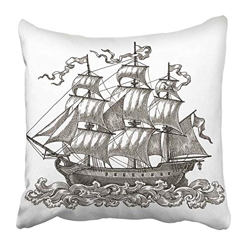 Moily Fayshow Cojín de Tiro Galeón Tinta y Pluma Dibujo Barco de Vela Antiguo en Blanco Barco Medieval Antiguo Mar náutico Vintage 50X50 Cm