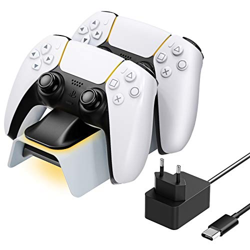 MoKo Base de Carga para Gamepad, Compatible con Controlador Inalámbrico Playstation 5 DualSense 2020, para PS5 con 2 Ranuras de Carga, Adaptador de Corriente de 5.3V 3A e Indicador LED Naranja - Negro