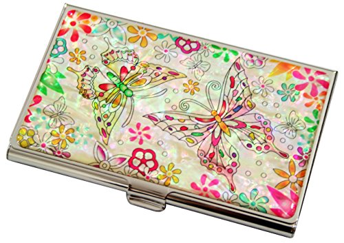 Mother of Pearl Butterfly Flower Design Womens Business Credit Name ID Card Holder Case Metal Stainless Steel Engraved Slim Purse Pocket Cash Money Wallet