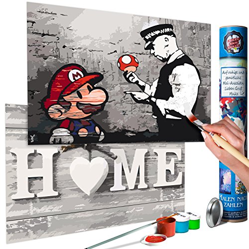 murando Pintura por Números Banksy Mario & Home 60x80 cm 2 Motivos Cuadros de Colorear por Números Kit para Pintar DIY Bricolaje Adultos Ni?os Caja-Regalo de Diseno n-A-0348-ab-r