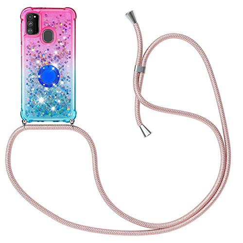 MXKOCO Carcasa de movil con Cuerda para Colgar Samsung Galaxy A21S -Case con Correa Colgante/Brillante Arena movediza Carcasa TPU Phone Necklace con Banda con Cordon para Llevar