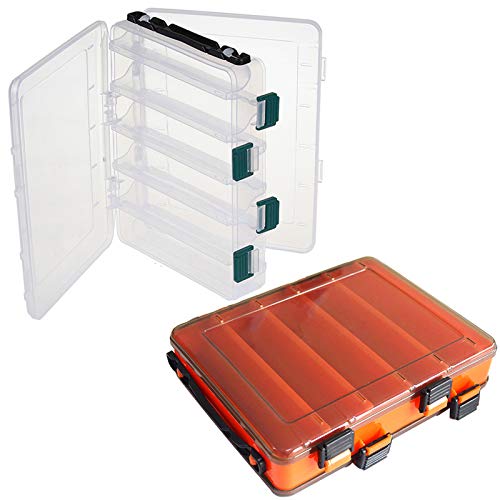 NAMIS 2pcs Caja de Almacenamiento de Pesca, 10 Rejillas Doble Cara Caja de Almacenamiento para Señuelos, Caja Aparejo Pesca Impermeable con Encargarse, Pesca Accesorios(20 * 17 * 4.5cm)