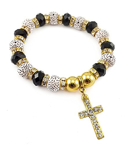 Nazareth Store Católico cristalizado Cruz de Oro Negro Cristal Perlas muñeca Rosario Pulsera Ajustable elástico Cristiano Brazalete