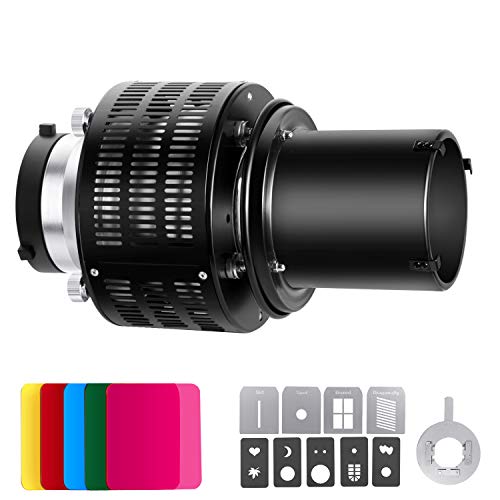 Neewer Snoot Cónico Aleación Aluminio para Estudio con Bowens Montura para Monoluz Fotografía LED Luz SL-60W 150W 200W Incluye 5 Filtros Color 9 Tarjetas Gráficas para Efecto Foco