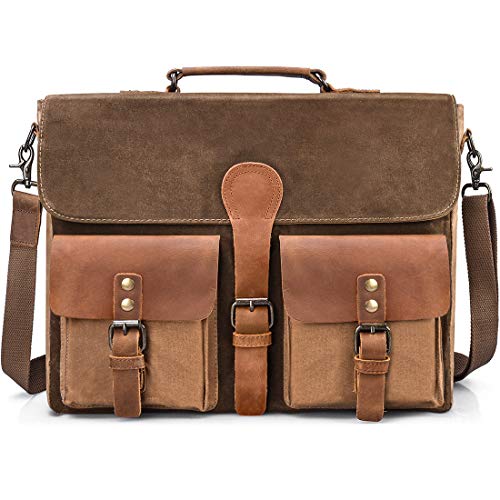 NEWHEY Bolsa Mensajero Hombre 15.6 Pulgadas Vintage Maletin Portatil Ordenador Bolso Bandolera Trabajo Cuero Lona Marrón