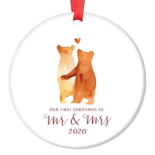 None-brands Adorno de monograma para árbol de Navidad, adorno personalizado 2020 Mr & Mrs2020 adorables osos de amor recién casados ​​recuerdos para marido, esposa, pareja primera pareja casada