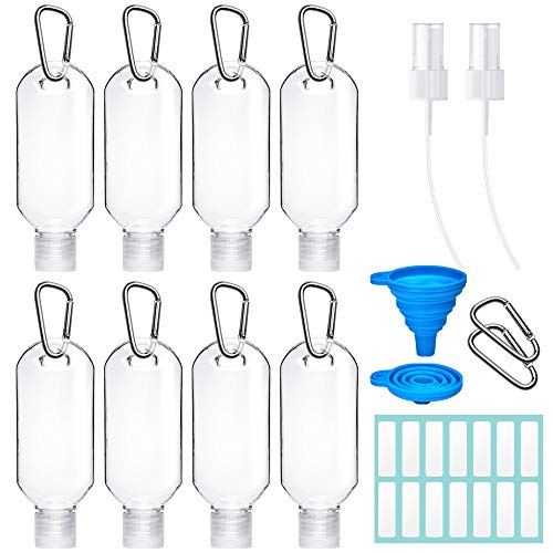 Olycism Botella de Viaje con Clip 8Pcs 50 ml Botella Recargable Vacía Botellas Contenedores de Viaje con 10Pcs Llavero y 2 Pulverizaciones y 14 Etiquetas Autoadhesivas y 1 Embudo