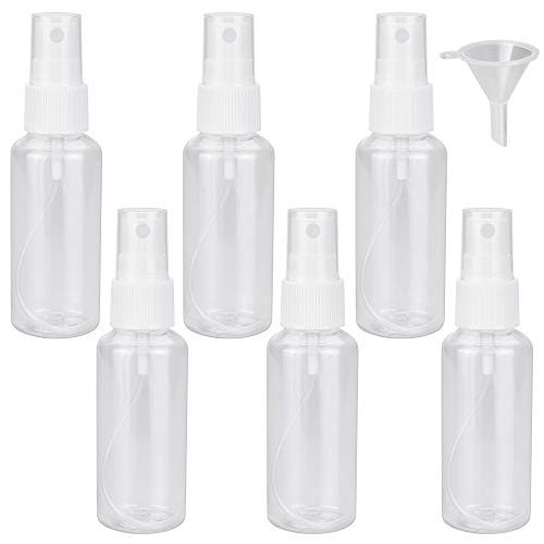 PERFETSELL 6 Pcs Botes Spray Vacios 50ml Botella de Viaje Botellas Plastico Transparente Botellas de Cosméticos Pulverizador 50ml Atomizador con Embudo Pequeño para Viaje, Aeropuerto, Vacaciones