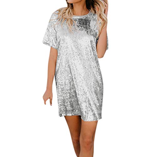 POLP Vestidos de Lentejuelas Mujer con Cuello Redondo de Manga Corta con Empalme sólido Mini Vestido Rosa Negro Oro Plata Mini Faldas Mujer Sexy S M L XL