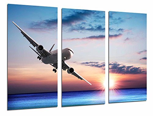 Poster Fotográfico Avion de Pasajeros en el Cielo, Atardcer en el Mar Tamaño total: 97 x 62 cm XXL, Multicolor