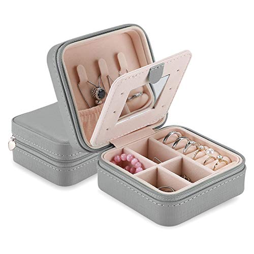 ProCase Estuche Joyero Pequeño, Mini Caja Almacenamiento Portable para Joyería, Organizador de Viaje de Doble Capa con Espejo para Joyas Collares Pendientes Aretes Pulseras Anillos -Plomo