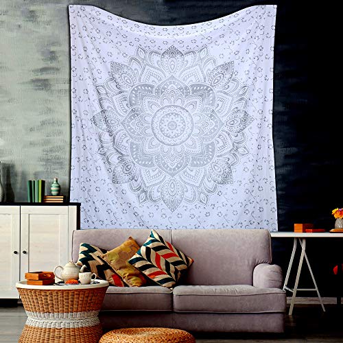 Raajsee - Tapiz para colgar en la pared, diseño de mandala, color gris y plateado, Pasión de plata blanca, 210x220cms Queen