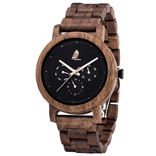 Reloj De Madera para Hombres y Mujeres, CZOKA Natural Nogal Negro/Oliva Movimiento de Cuarzo japonés con Correa Ajustable Artesanía Artesanal Madera Relojes