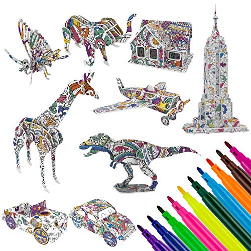 Rompecabezas para Colorear 3D,WolinTek DIY Arts Crafts Puzzle Kit Regalo de Juguete para niños Kit de Manualidades de Pintura educativa Regalo de cumpleaños Juguete con 9 Animales Rompecabezas