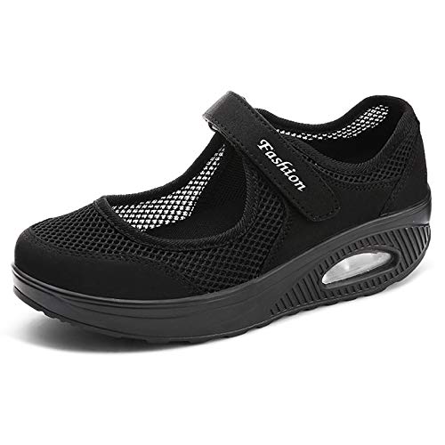 Sandalias para Mujer Malla Merceditas Plataforma Ligero Zapatillas Sneaker Mary Jane Casual Zapatos de Deporte Mocasines Negros Verano A-Negro-2 EU37