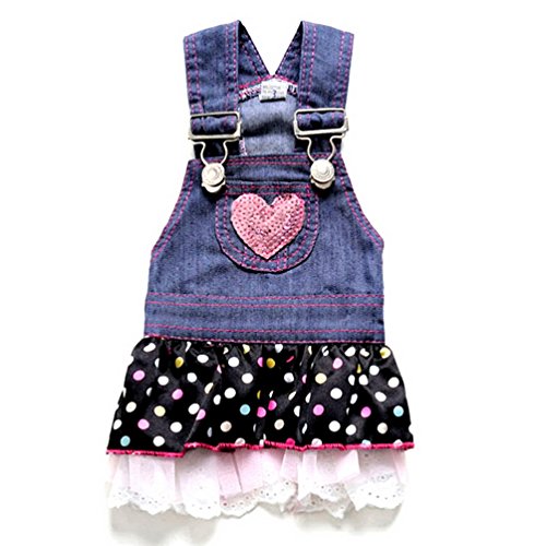 SELMAI Vestido de mezclilla para perros pequeños niñas falda de princesa con lentejuelas Chihuahua ropa de tutú plisada con diseño de lunares diseño de corazón gatito grande para fiestas de verano XS