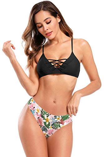 SHEKINI Mujer Traje de Baño Dividido para Mujer Bikinis Conjuntos Chaleco Cinturón Cruzado Traje de Baño Bañador Estampado (L, Negro)