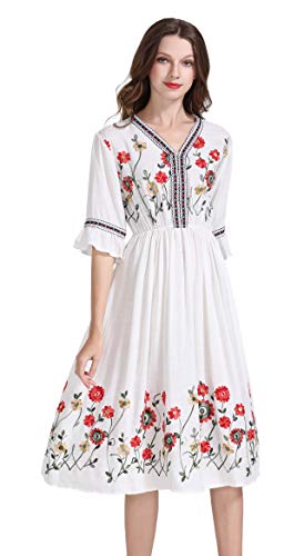 Shineflow Vestido de cóctel plisado floral mexicano de manga corta para mujer