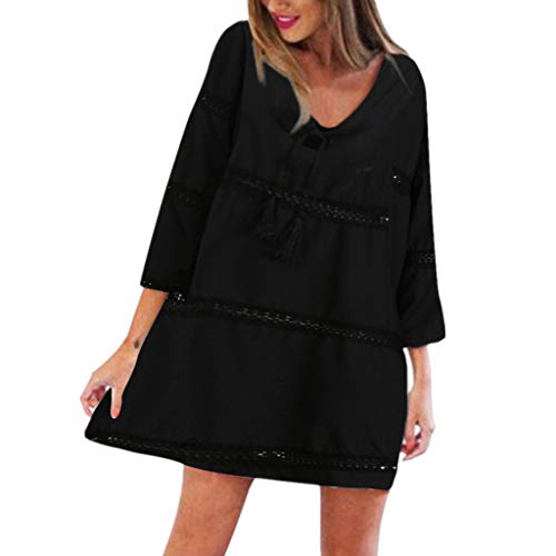 SHOBDW mujer Tres Cuartos de Manga Suelta Encajes Playa Bohemio Corto Mini Vestido día de San Valentín Presente (Negro, XXL)