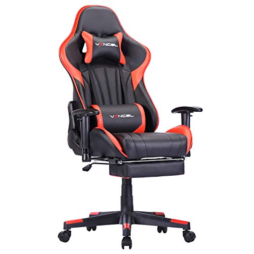 Silla Gaming Tela Ergonomica Sillones de Oficina Racing Gamer Silla con Reposapiés Retráctil con Lumbar y Reposacabezas (Rojo-2)