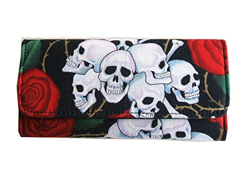 Skulls and Roses Flowers Black tipo libro de tres capas para mujer ropa de descanso para niñas piñón libre (negro/Diseño con espacio para varias)