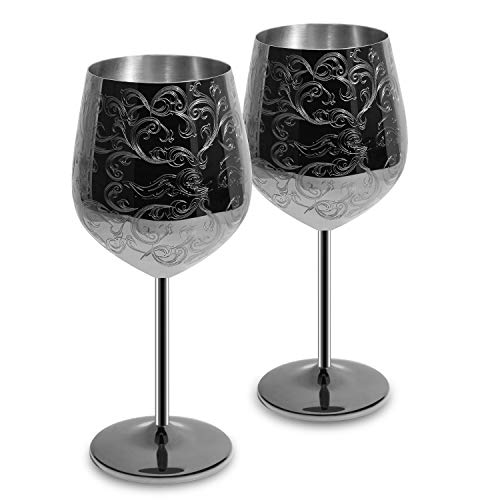 SKYFISH - Juego de 2 copas de vino de acero inoxidable grabadas con grabados barrocos intrincados y auténticos, estilo real, 17 onzas negro