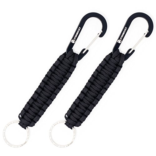 STEINBOCK7® Survival Paracord Llavero, juego de 2, mosquetón + cuerda, instrucciones para trenzar, 2 unidades negras., 16 cm