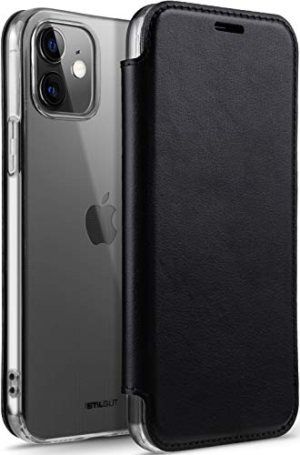 StilGut Funda Compatible con iPhone 12 Mini, Carcasa Transparente con Tapa de Piel, Tarjetero y Bloqueo RFID/NFC, Negro