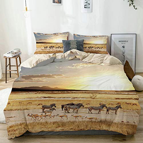 SUHETI Bedding Juego de Funda de Edredón,Cebras con Sus Abrigos a Rayas en Savannahs Sunset Adventure Africa Wild Safari,Microfibra Funda de Nórdico y Fundas de Almohada (Cama 150x200cm)